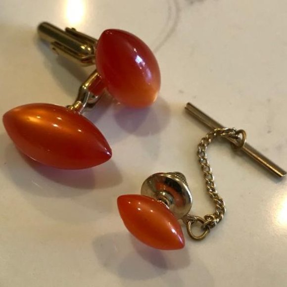 Swank Orange Moon Glow Cuff Links & Tie Tack - Picture 3 of 6